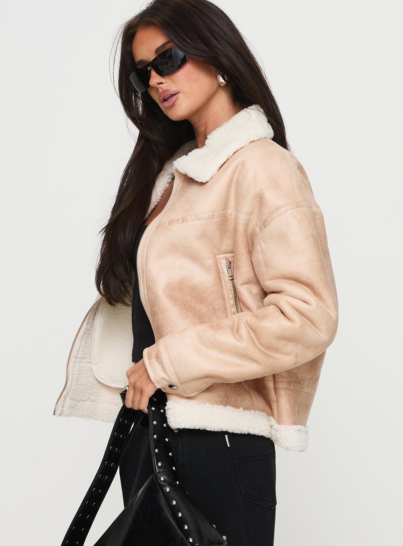 Solara Faux Leather Shearling Jacket Beige Product Image