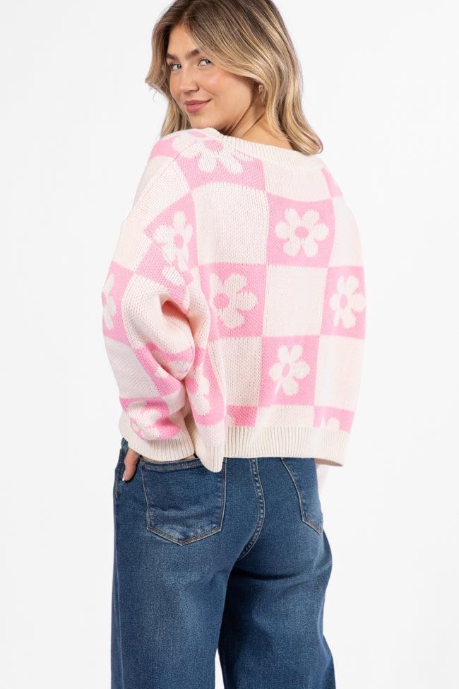 Found A New Way Pink V-Neck Checkered Flower Sweater SALE Product Image