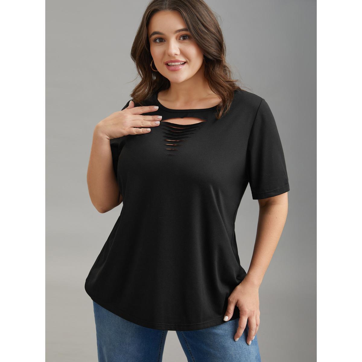 Plus Size Stretchy Ripped Neck Fitted T-Shirt Black Women Leisure Cut-Out Round Neck Casual T-shirts BloomChic 22-24/3X Product Image