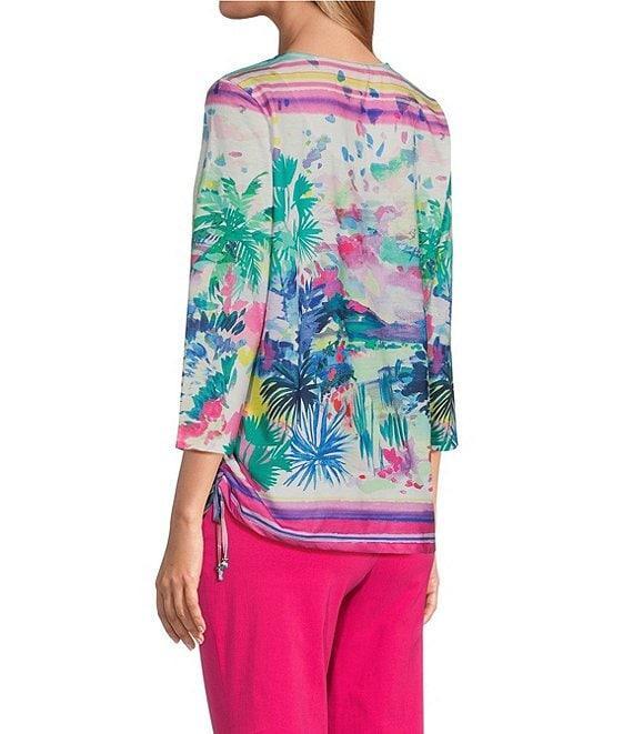 Allison Daley Embellished Watercolor Tropics Print 3/4 Sleeve Crew Neck Ruched Side Tie Hem Knit Top Product Image