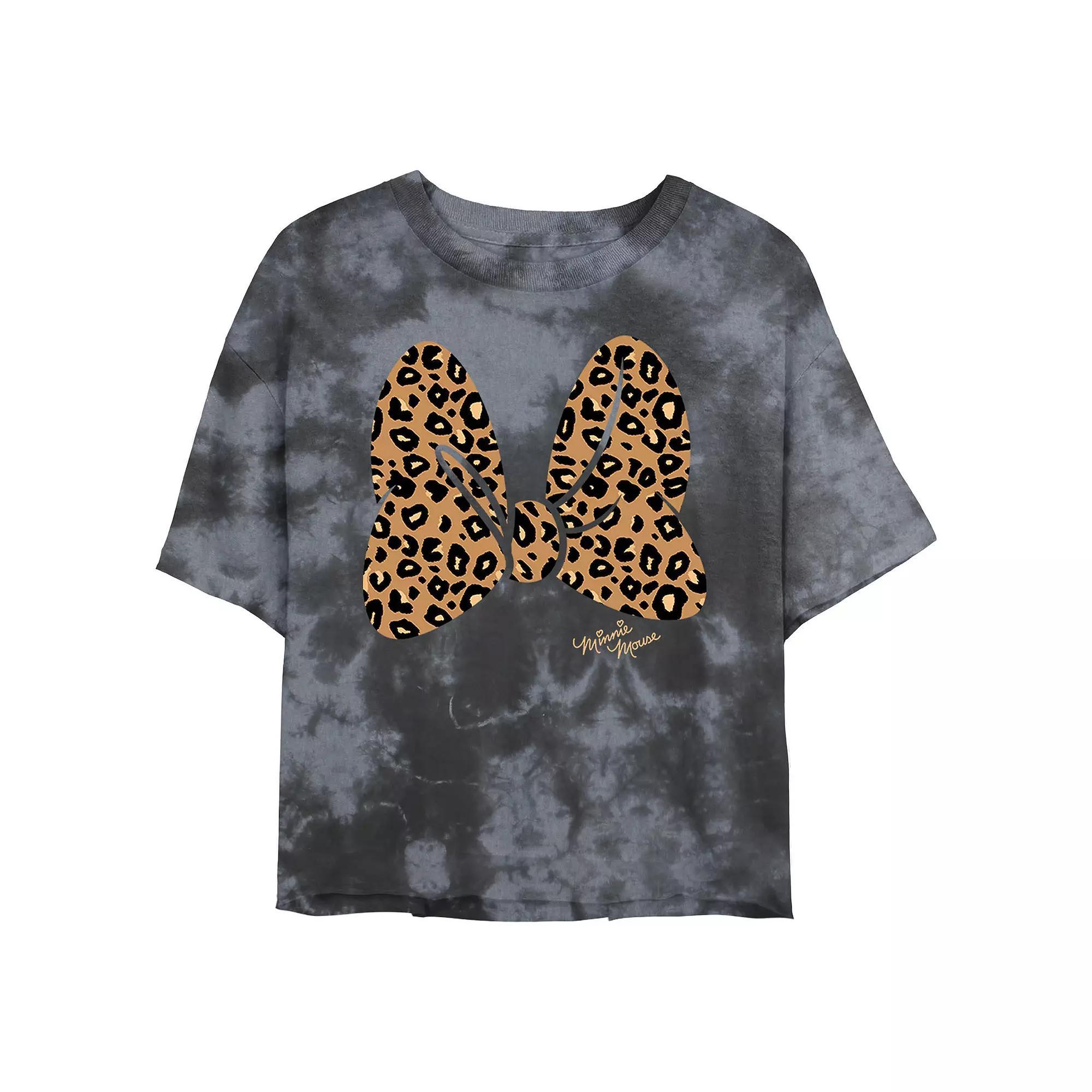 Disney's Minnie Mouse Juniors' Leopard Print Bow Wash Crop Tee, Girl's, Size: Large, Black Grey Product Image