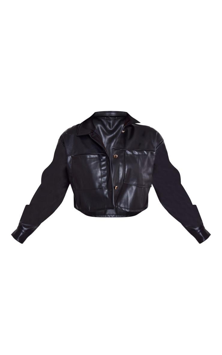 Black Faux Leather Pocket Detail Oversized Cropped Jacket Product Image