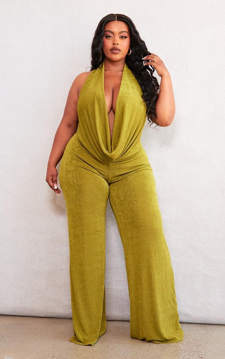 Plus Olive Acetate Slinky Plunge Jumpsuit Product Image