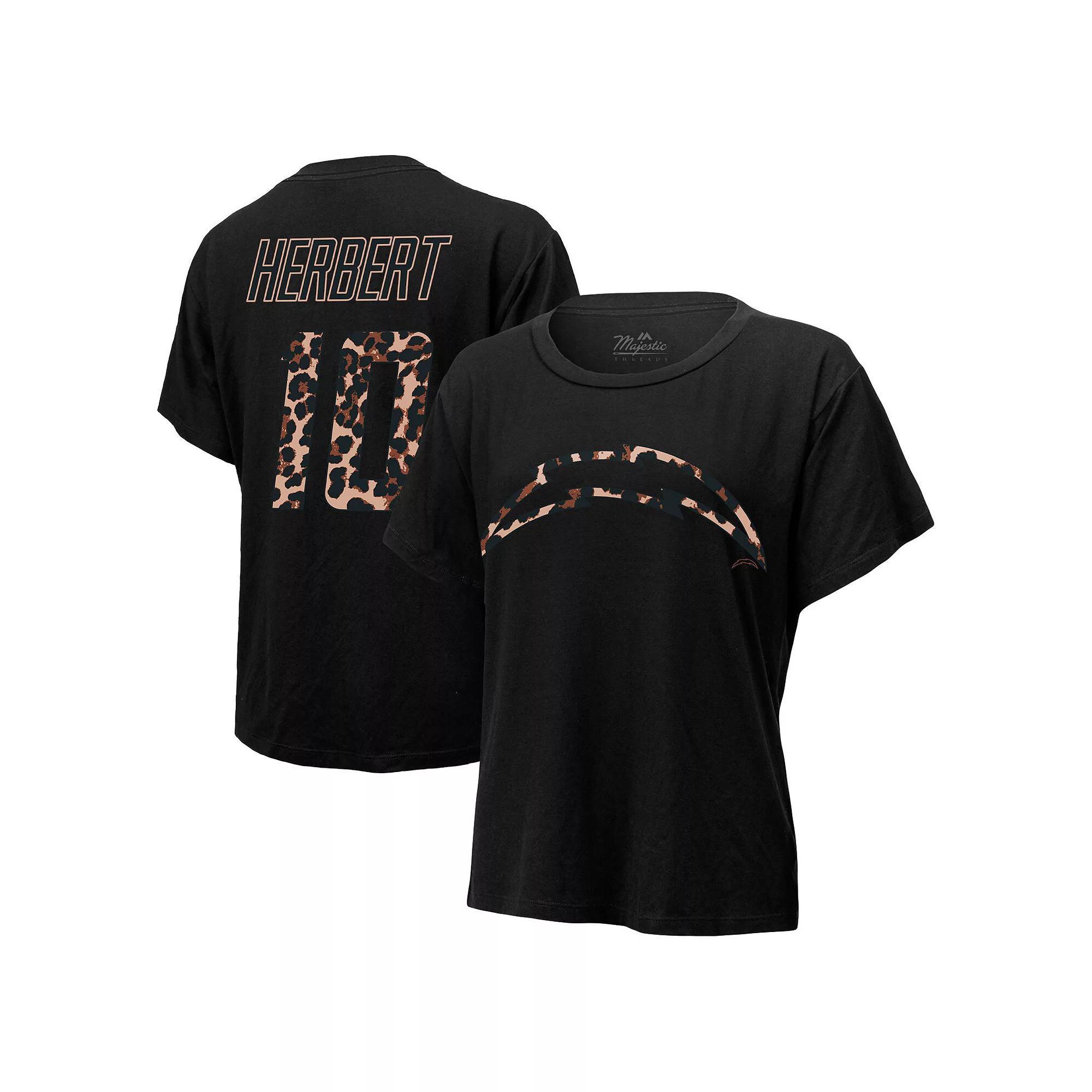 Women's Majestic Threads Justin Herbert Black Los Angeles Chargers Leopard Player Name & Number T-Shirt,  Product Image