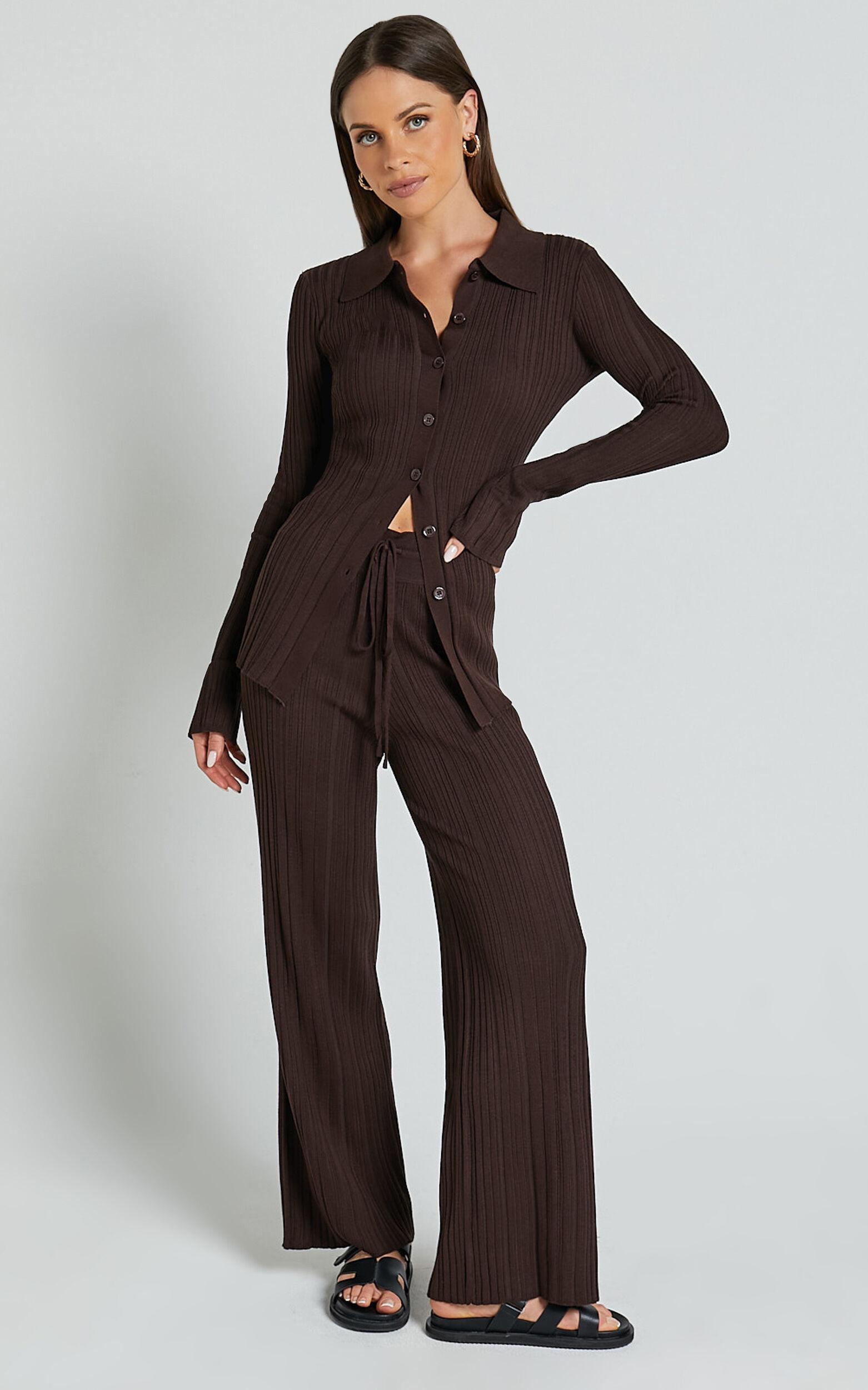 Kelsey Top - Button Through Long Sleeve Knitted Top in Chocolate Product Image