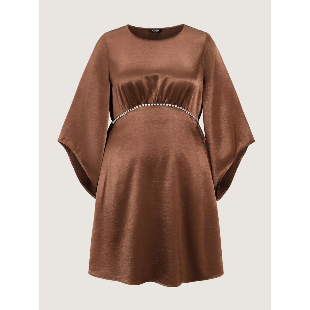 Plus Size Flared Sleeve Metal Detail Waistline Mini Dress Yellowishbrown Women Party&Cocktail Round Neck Extra Long Sleeve Curvy BloomChic 28/5X Product Image
