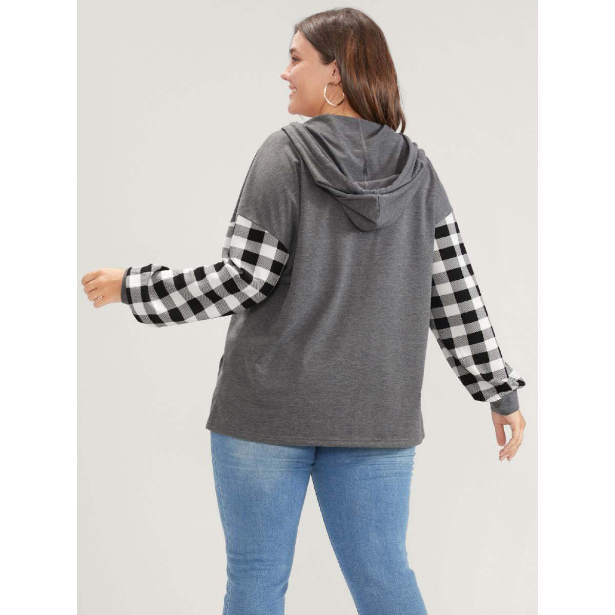 Plus Size Gingham Pocket Button Up Hooded Sweatshirt Women DimGray Casual Contrast Hooded Dailywear Sweatshirts BloomChic 12/L Product Image