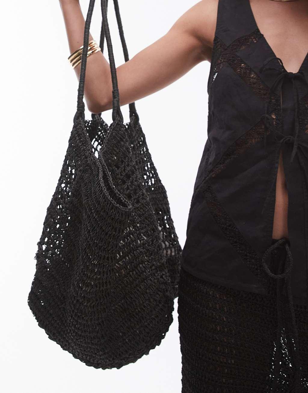 Topshop Timi woven straw tote bag in black Product Image