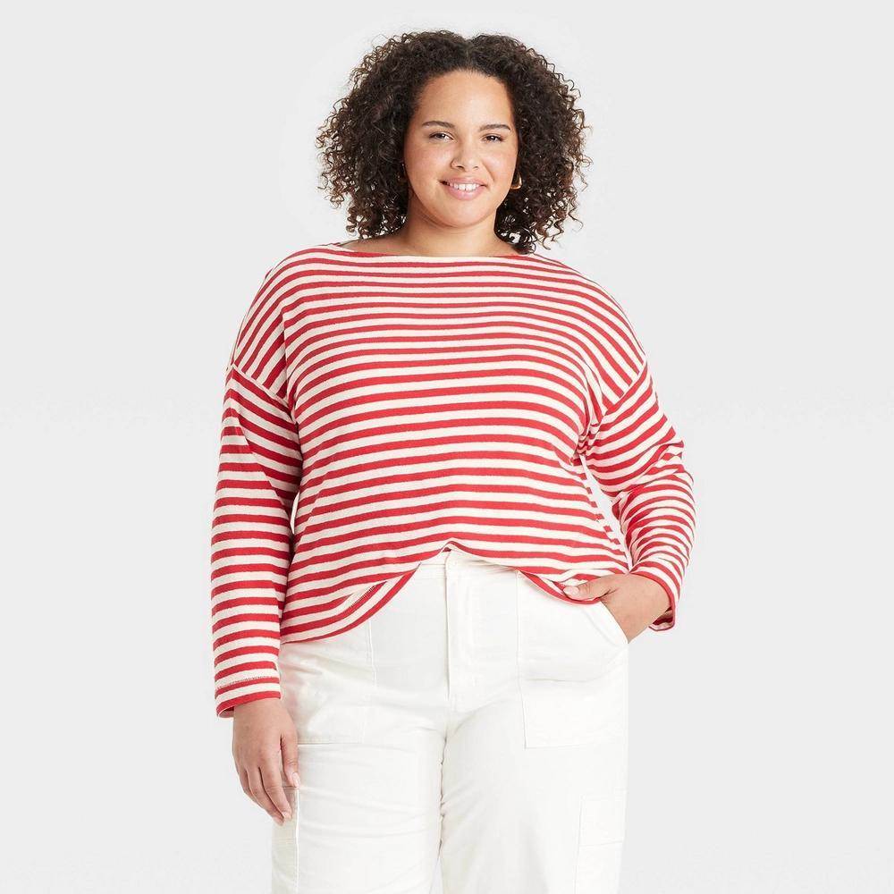 Womens Long Sleeve Boat Neck T-Shirt - Universal Thread Red Striped XXL Product Image