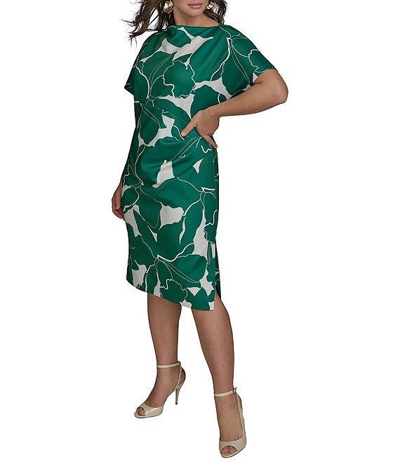 Donna Karan Plus Size Scuba Boatneck Short Sleeve Midi Sheath Dress Product Image