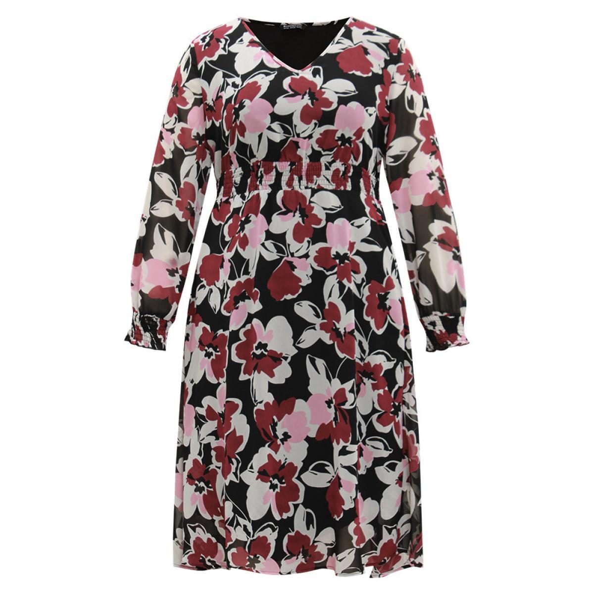 Plus Size Floral Print Chiffon Shirred Elastic Cuffs Dress Black Women Elegant Printed V-neck Long Sleeve Curvy Midi Dress BloomChic 30/6X Product Image