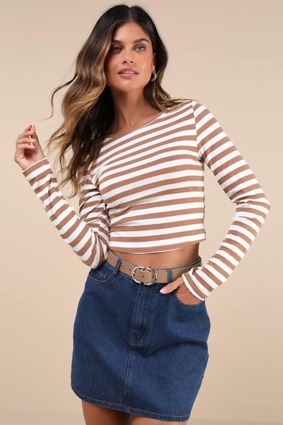 Admired Impression Ivory and Brown Striped Long Sleeve Crop Top Product Image