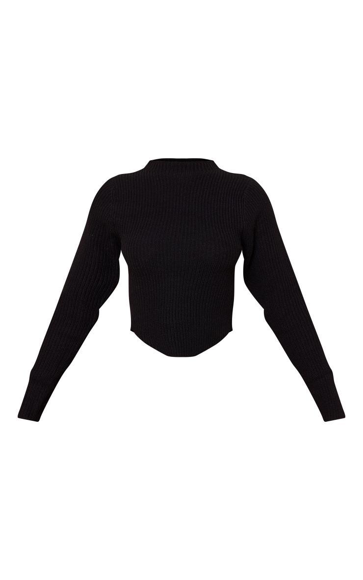 Petite Black High Neck Curve Hem Long Sleeve Sweater Product Image