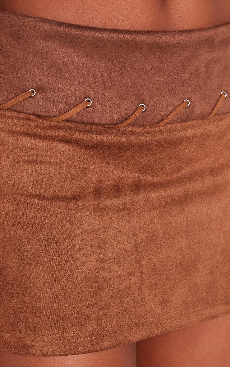 Brown Faux Suede Contrast Fold Over Stitch Detail Mini Skirt Product Image