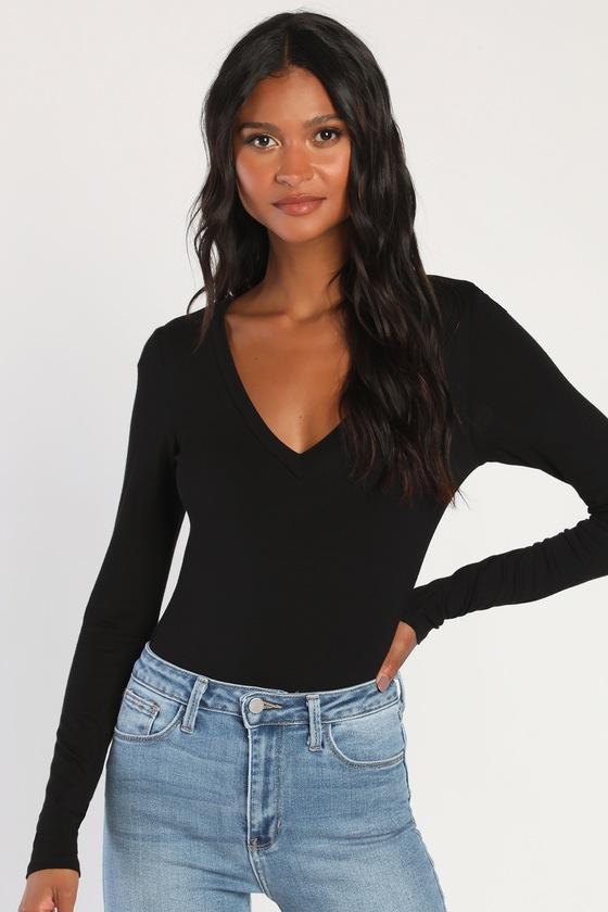 Clean Look Black V-Neck Long Sleeve Bodysuit Product Image