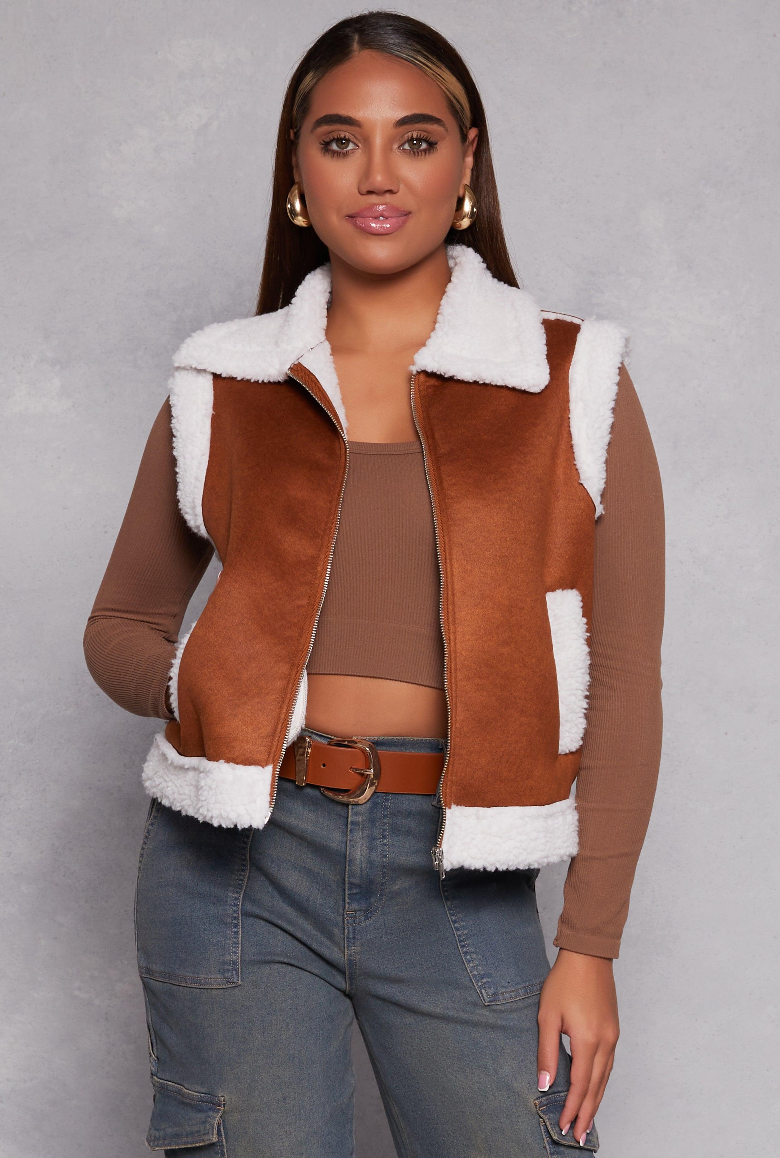 Womens Faux Suede Sherpa Lined Zip Front Vest Product Image