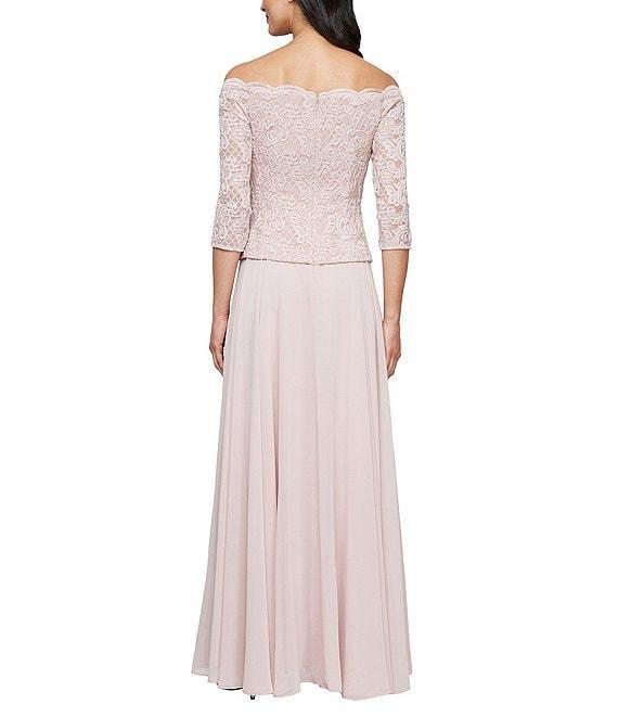 Alex Evenings Off-The-Shoulder 3/4 Sleeve A-Line Chiffon Lace Dress Product Image