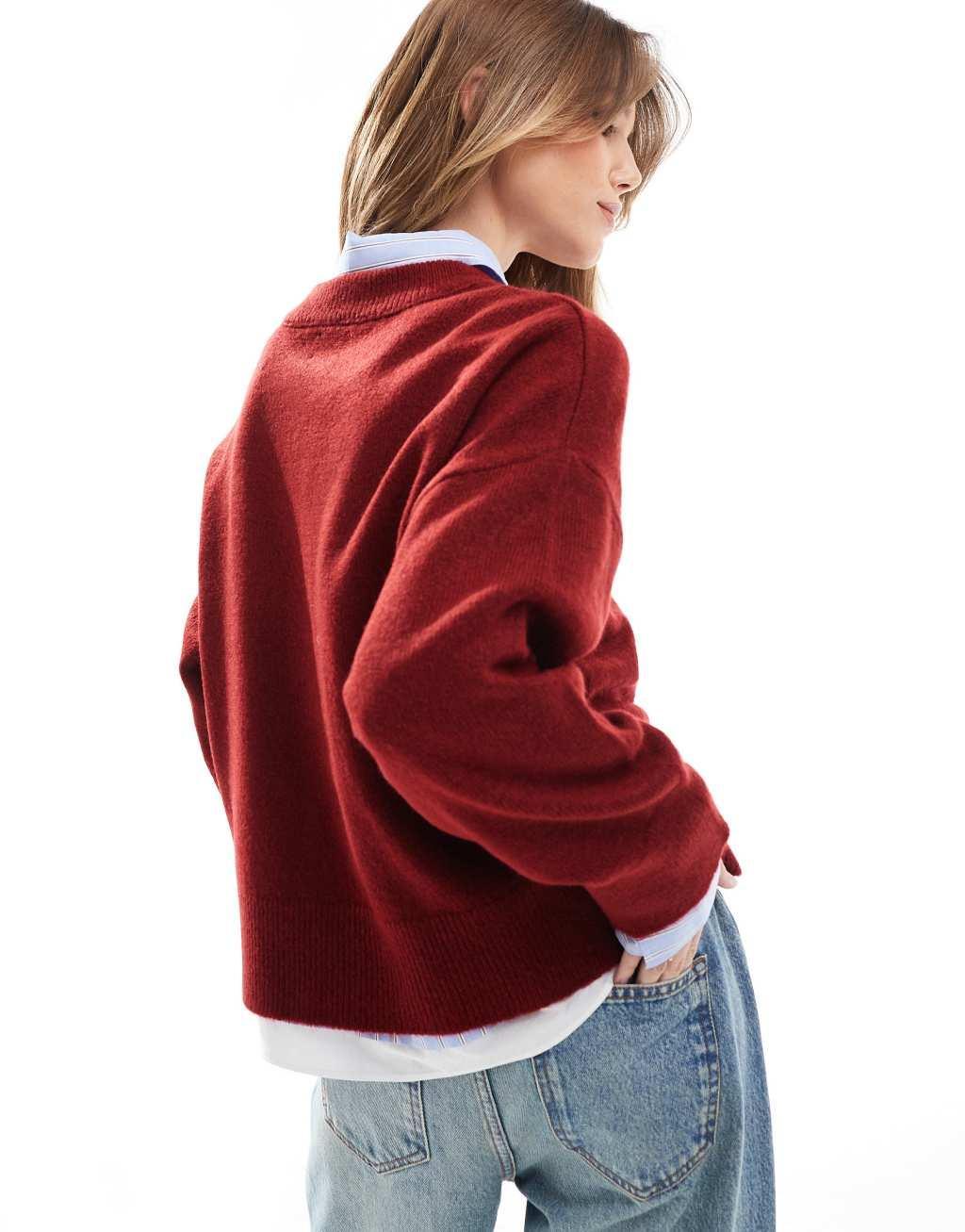 ASOS DESIGN boxy crew neck sweater in burgundy Product Image