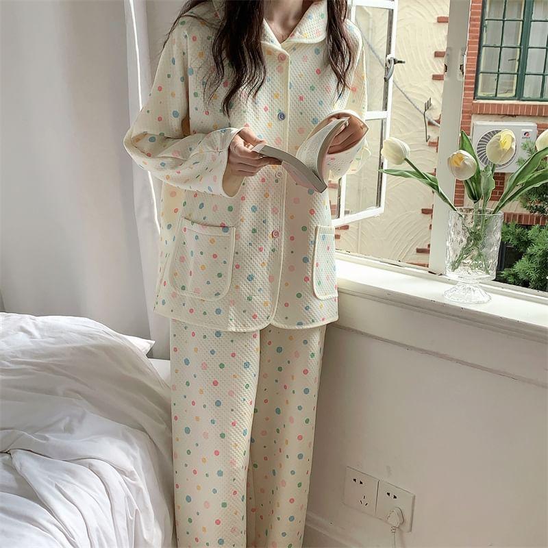 Pajama Set: Long-Sleeve Dotted Button-Up Shirt + Pants Product Image