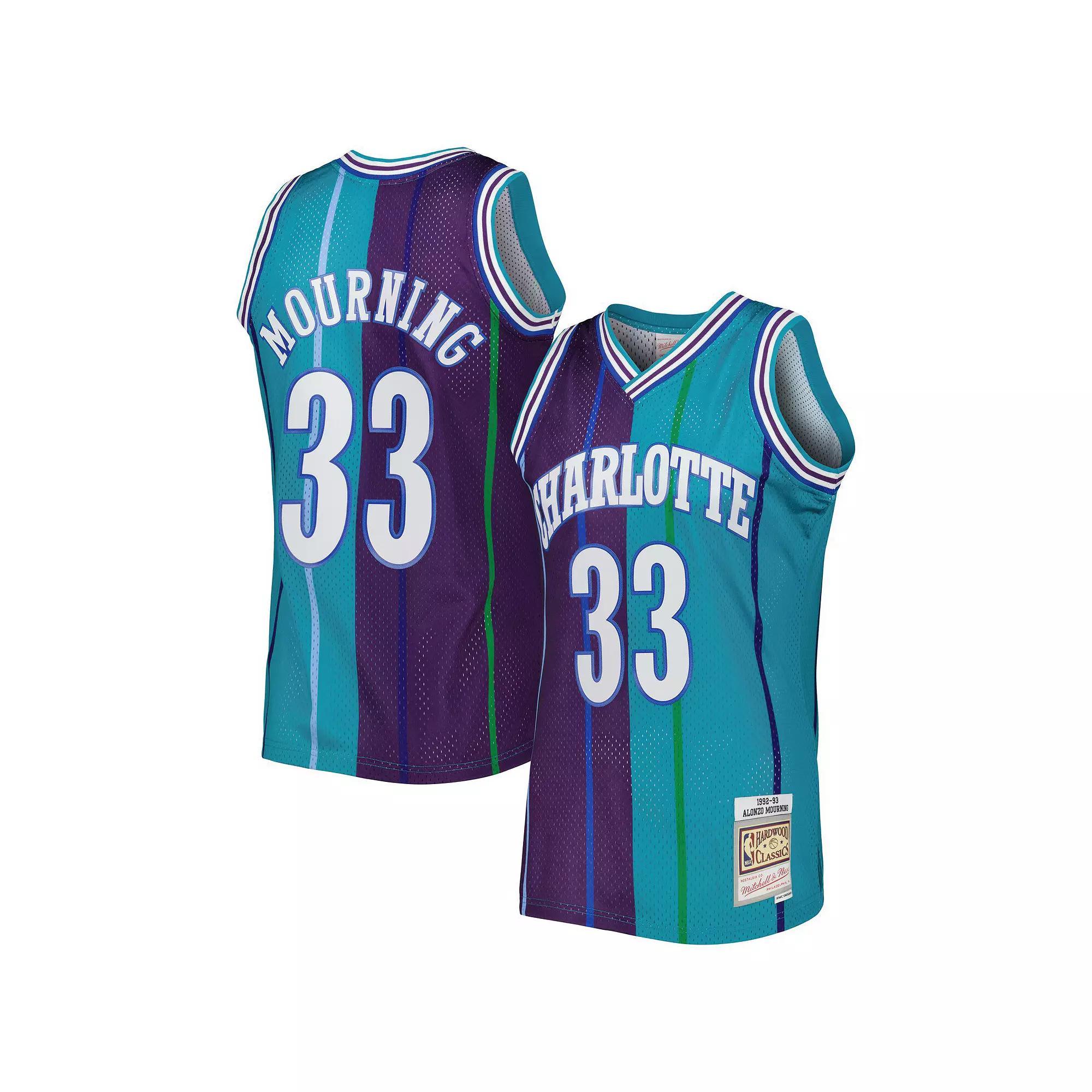 Men's Mitchell & Ness Alonzo Mourning Teal/Teal Charlotte Hornets Hardwood Classics 1992/93 Split Swingman Jersey, Size: Medium, Chr Blue Product Image