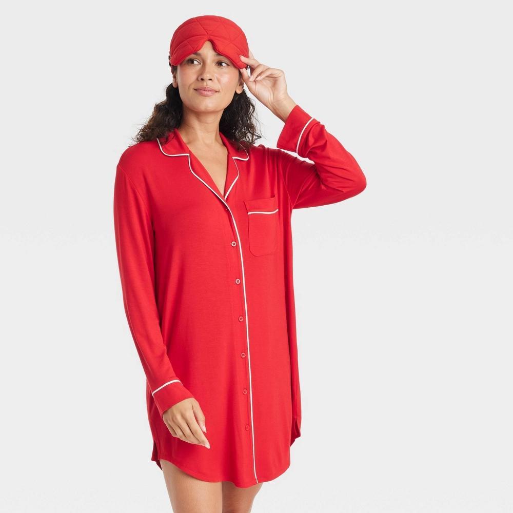 Womens Cloud Knit Notch Collar Long Sleeve NightGown - Auden Red L Product Image