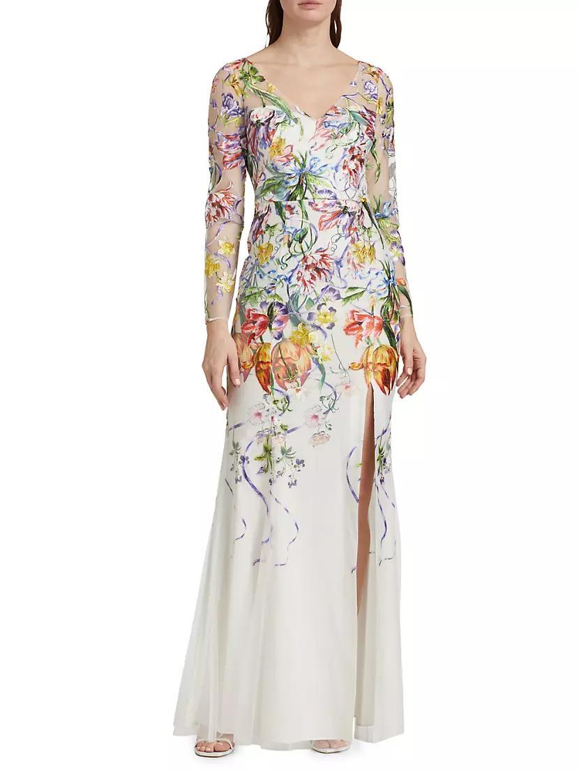 Floral Degradé Embroidered Tulle Fit-&-Flare Gown Product Image