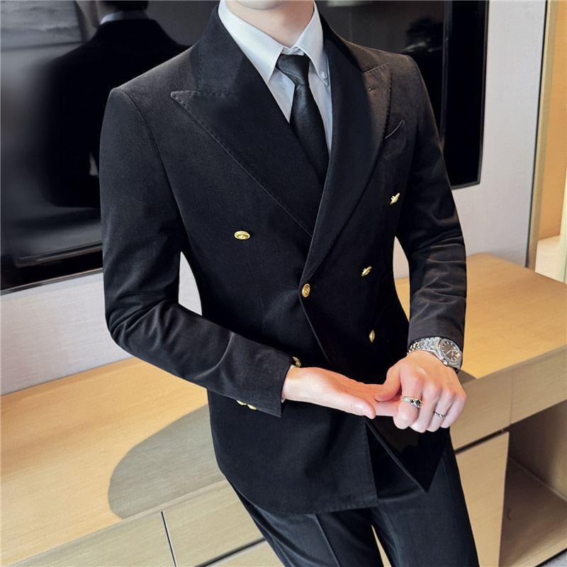 Set: Peak Lapel Plain Double-Breasted Blazer + High Waist Cropped Tapered Pants Product Image