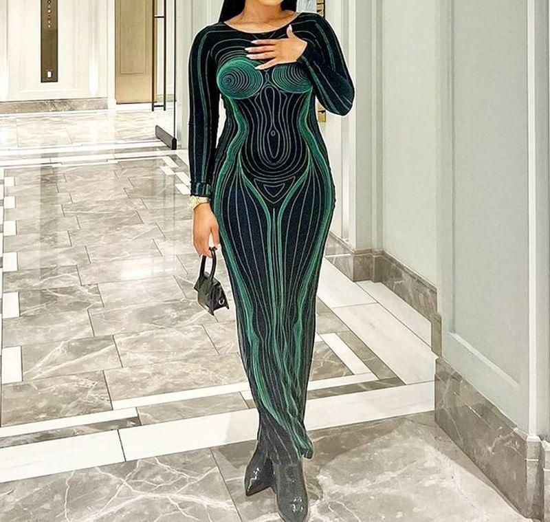 Long-Sleeve Crew Neck Print Open Back Maxi Bodycon Dress Product Image