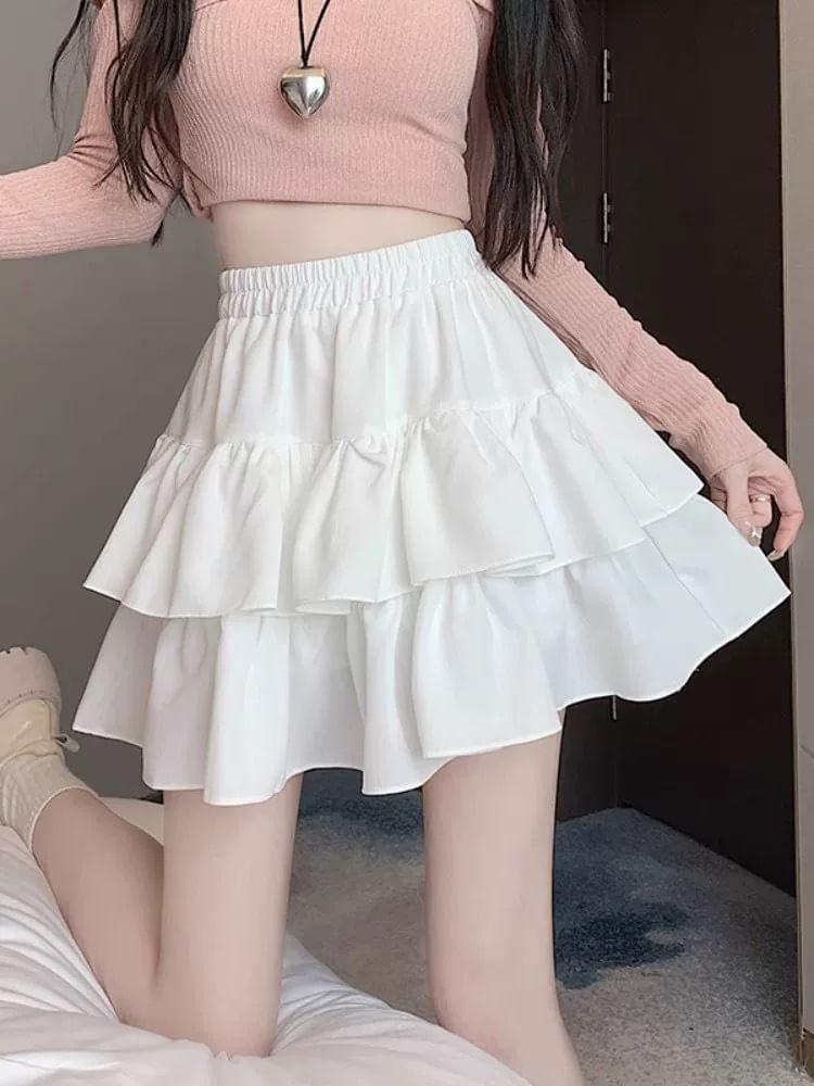 High Waist Plain Ruffle Mini A-Line Tiered Skirt Product Image