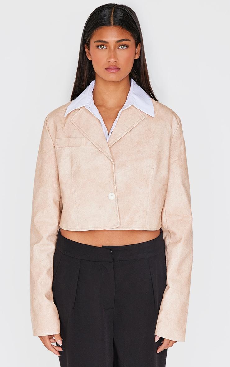 Cream Distressed Faux Leather Crop Jacket Product Image