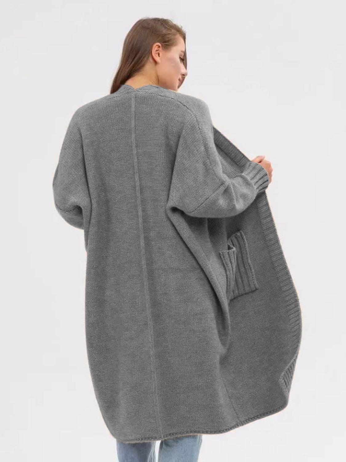 Pocketed Open Front Long Sleeve Longline Cardigan Product Image