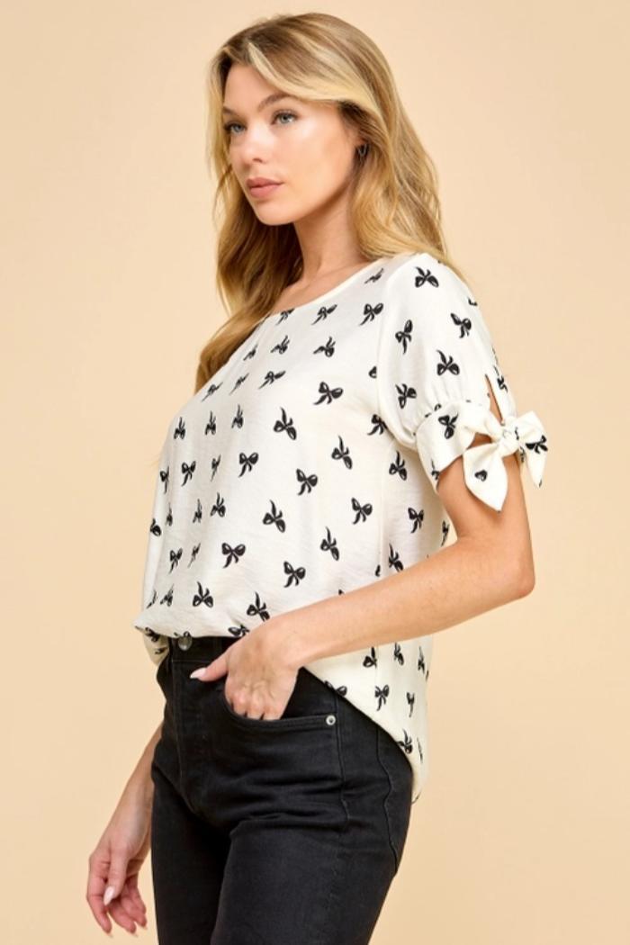 Bow Print Tie Sleeve Top Product Image