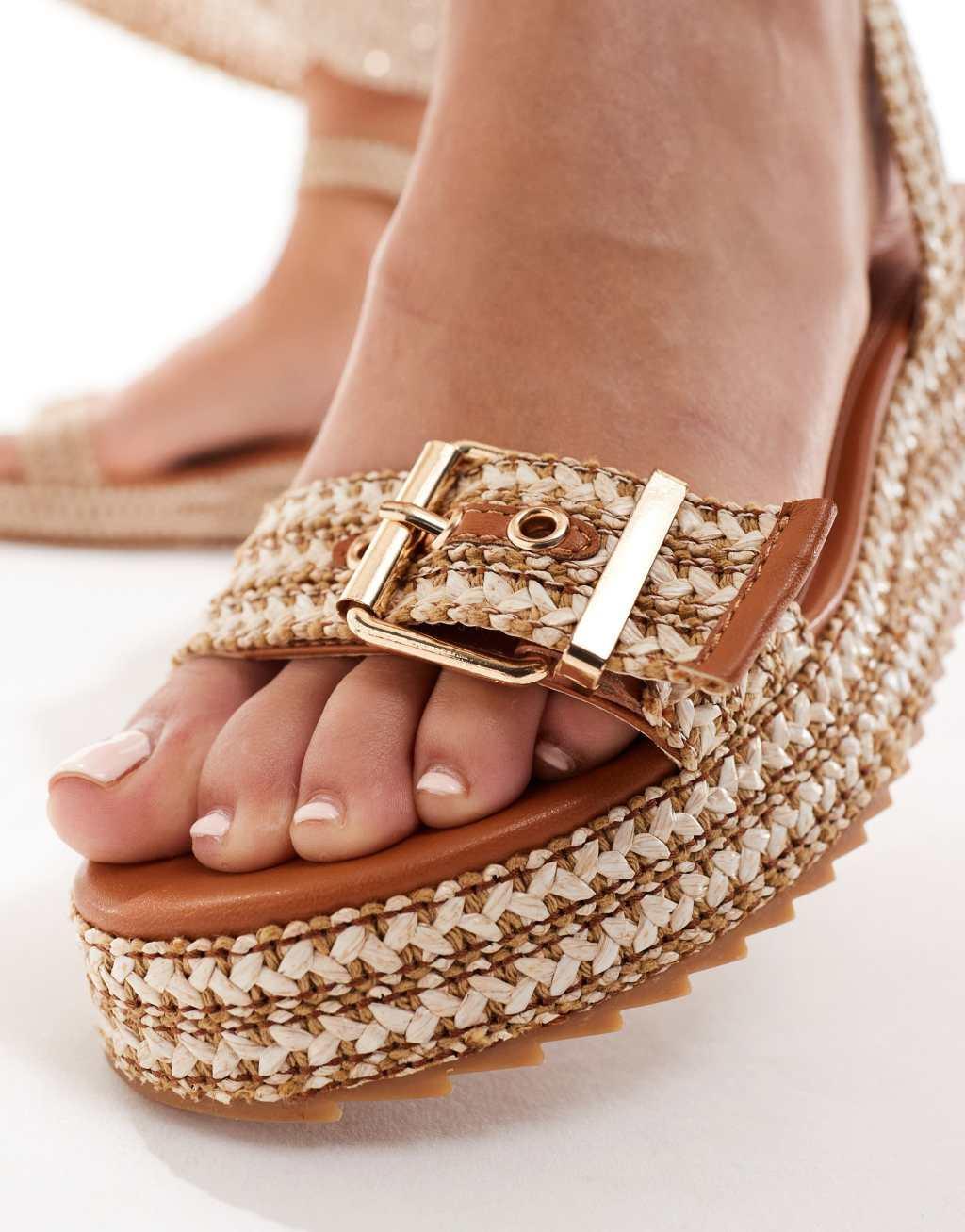 ASOS DESIGN Thermo buckle flatforms in tan weave Product Image