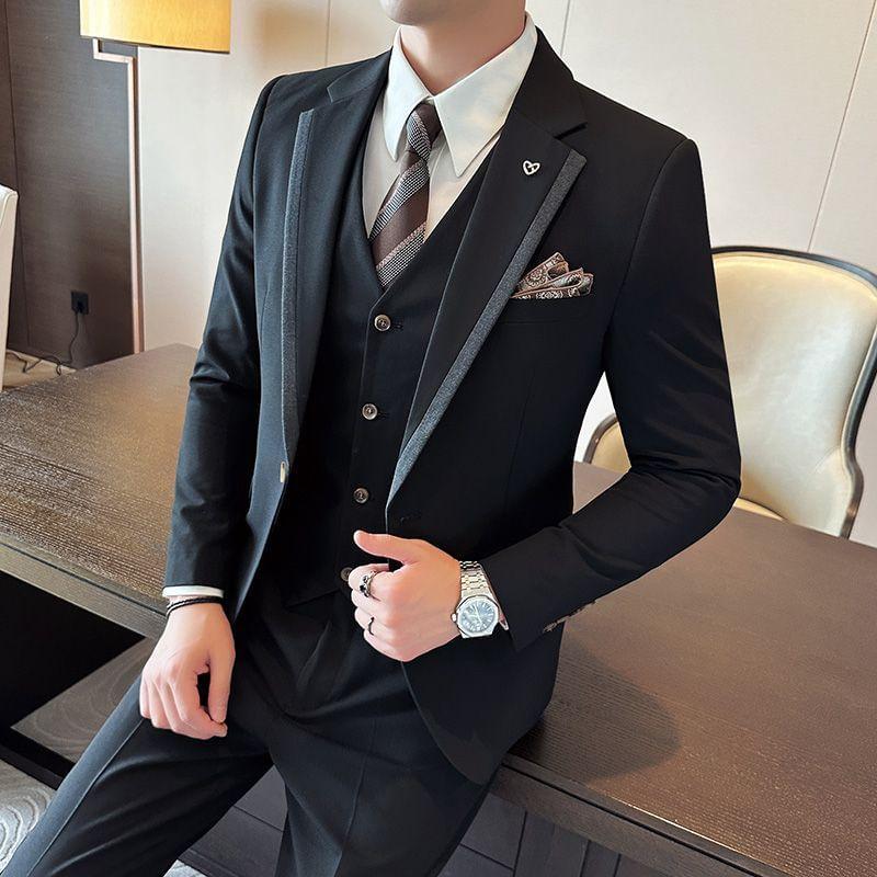 Set: Lapel Collar Contrast Trim Single Button Blazer + Single Breasted Vest + Mid Rise Dress Pants Product Image