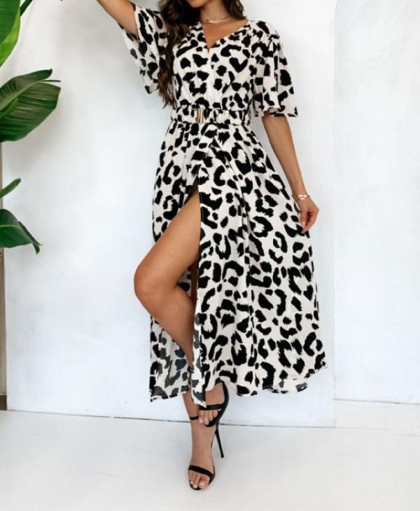 Elbow-Sleeve V-Neck Leopard Print Slit Midi A-Line Dress Product Image