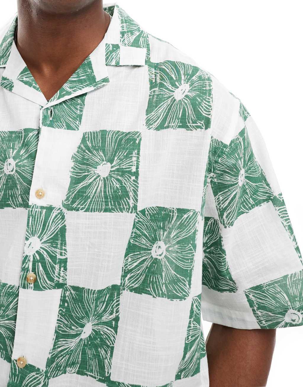 ASOS DESIGN oversized shirt in white and green checkerboard floral print Product Image