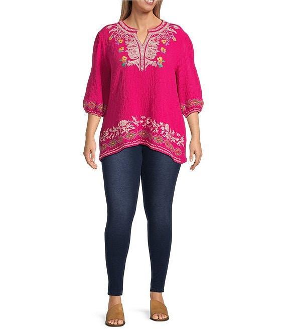 Calessa Plus Size Embroidered Motif Split V-Neck 3/4 Sleeve Tunic Product Image