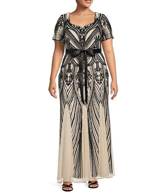 R & M Richards Plus Size Short Sleeve Sweetheart Neck Embellished Sequin Gown Product Image