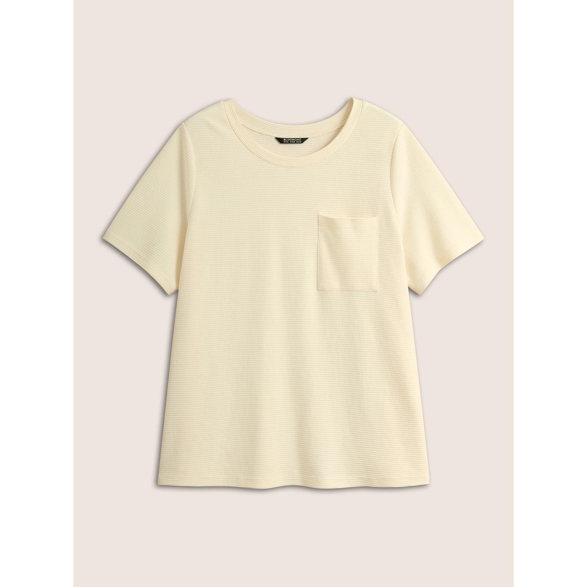 Plus Size Solid Waffle Knit Patched Pocket T-shirt Beige Women Casual Texture Round Neck Everyday T-shirts BloomChic 18-20/2X Product Image