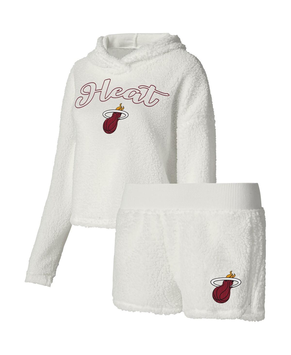 Womens College Concepts Cream Miami Heat Fluffy Long Sleeve Hoodie T-Shirt & Shorts Sleep Set Product Image