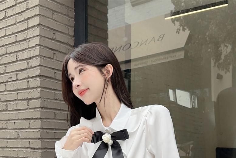 Long-Sleeve Collared Plain Bow Accent Ruffle Trim Satin Blouse Product Image