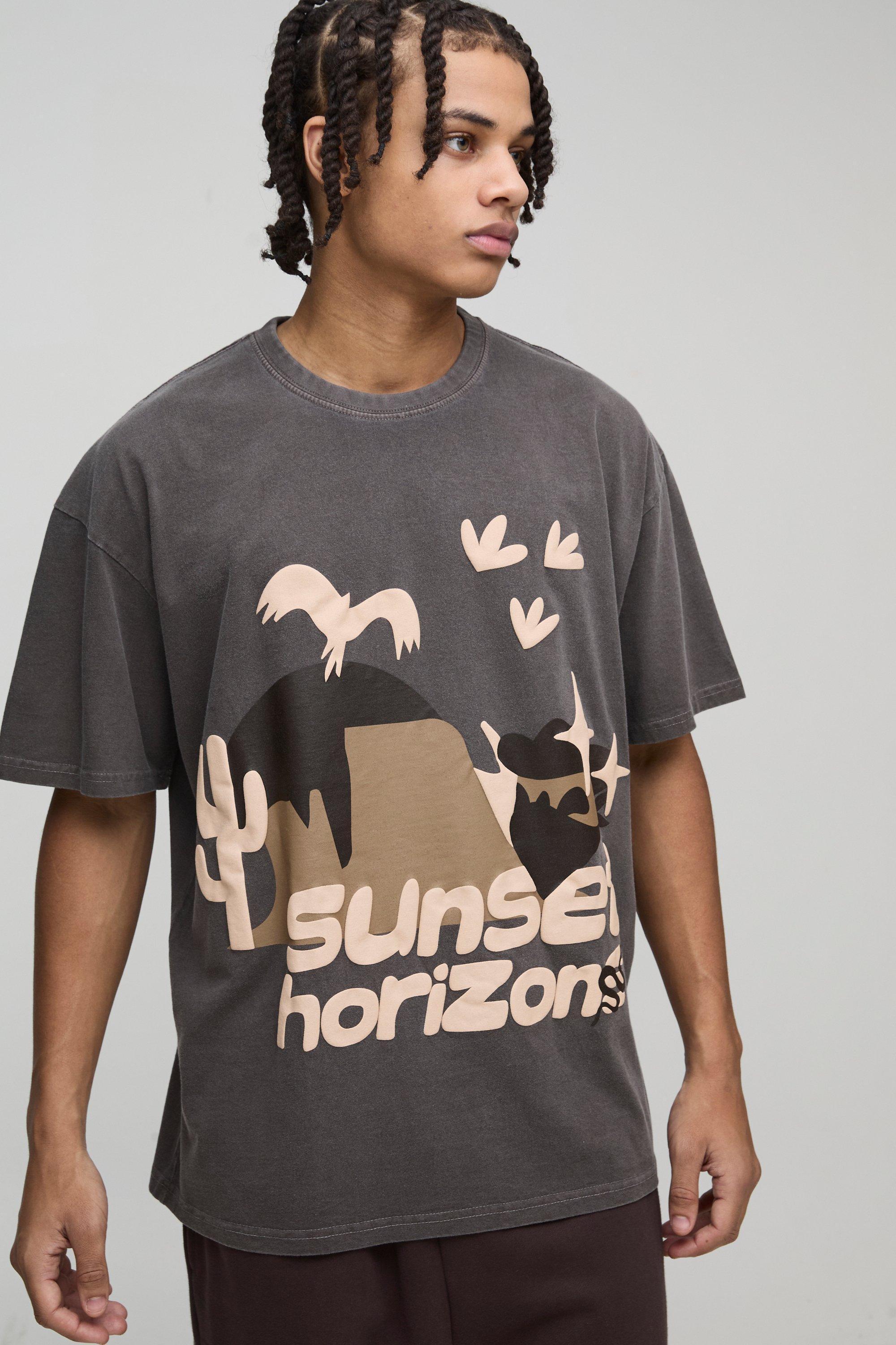 Oversized Sunset Western Puff Print Washed Graphic T-Shirt | boohooMAN USA Product Image