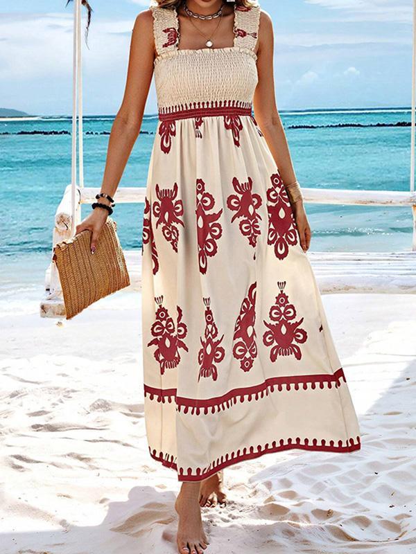 A-Line Loose Elasticity Pleated Printed Split-Joint Square-Neck Maxi Dresses Product Image