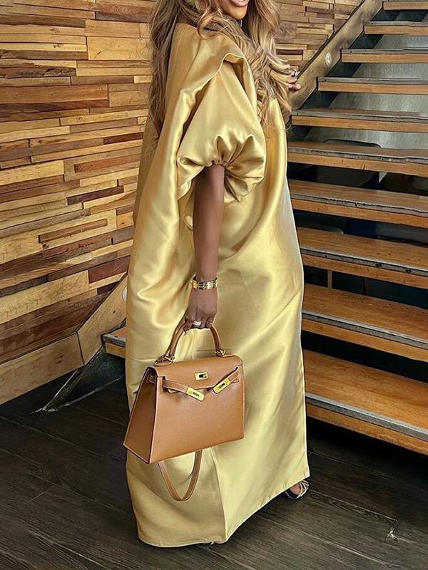 Half Sleeves Loose Elasticity Pleated Solid Color Split-Front V-Neck Maxi Dresses Product Image