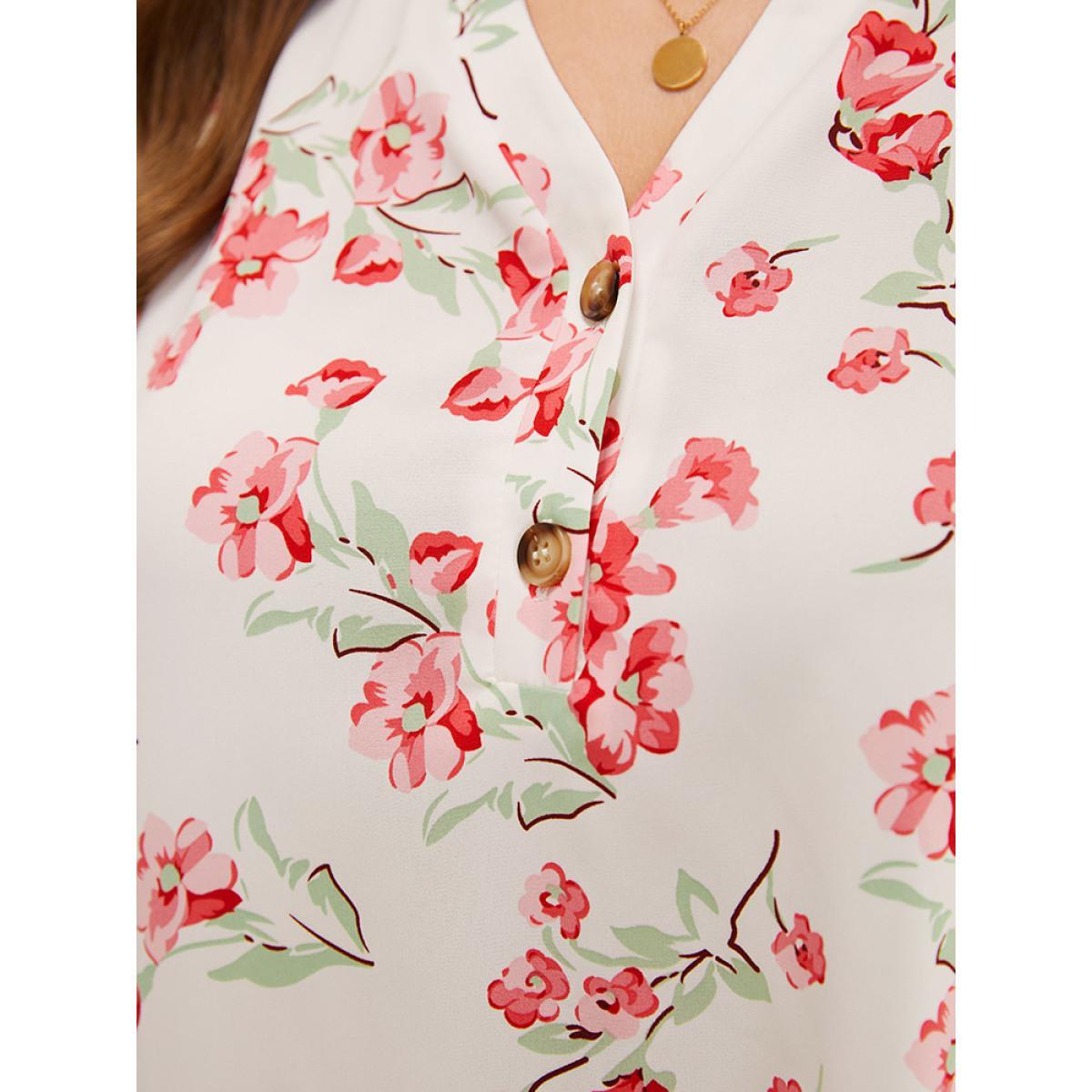 Plus Size White Floral Printed Button Up Flutter Layered Sleeve Blouse Women Elegant Short sleeve Notched collar Dailywear Blouses BloomChic 14-16/1X Product Image
