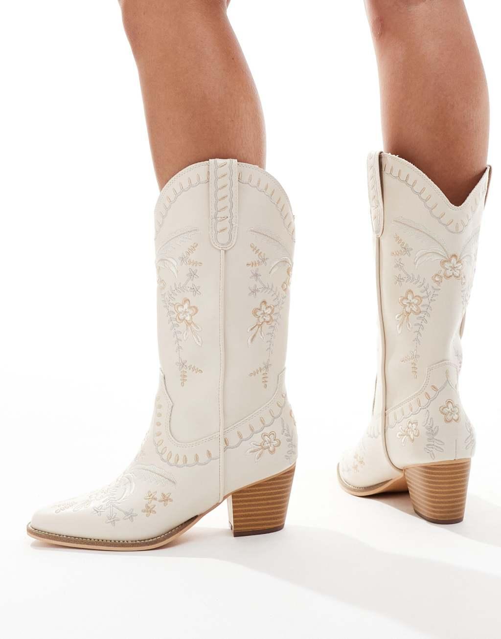 Glamorous embroidered western boots in cream Product Image