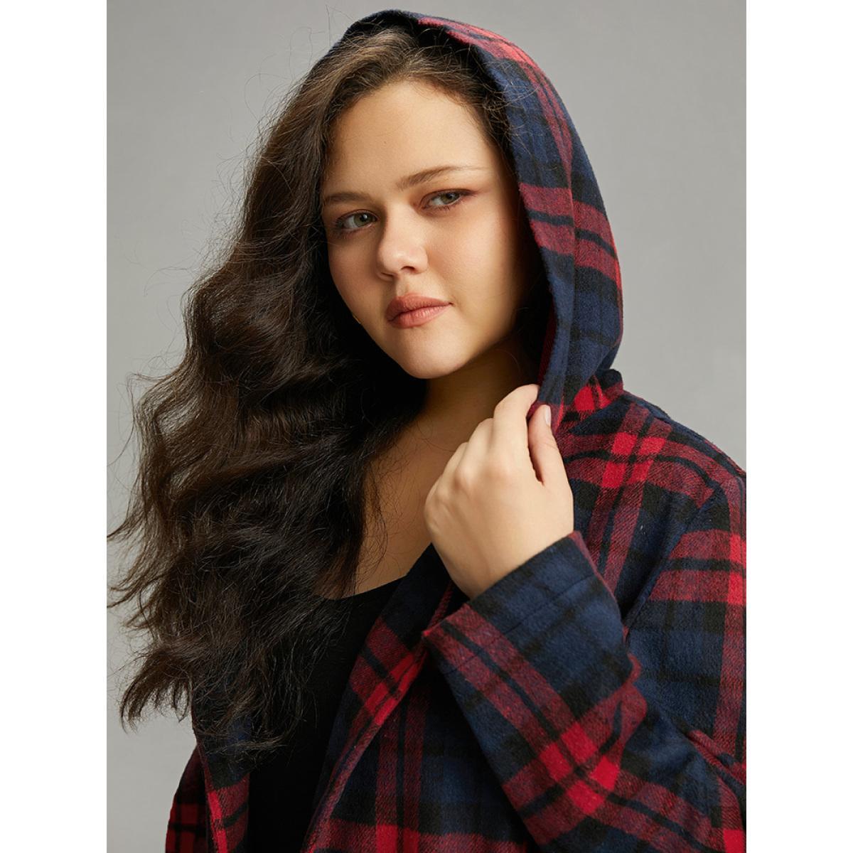Plus Size Plaid Button Through Pocket Hooded Coat Women Indigo Casual Contrast Ladies Everyday Winter Coats BloomChic 26/4X Product Image