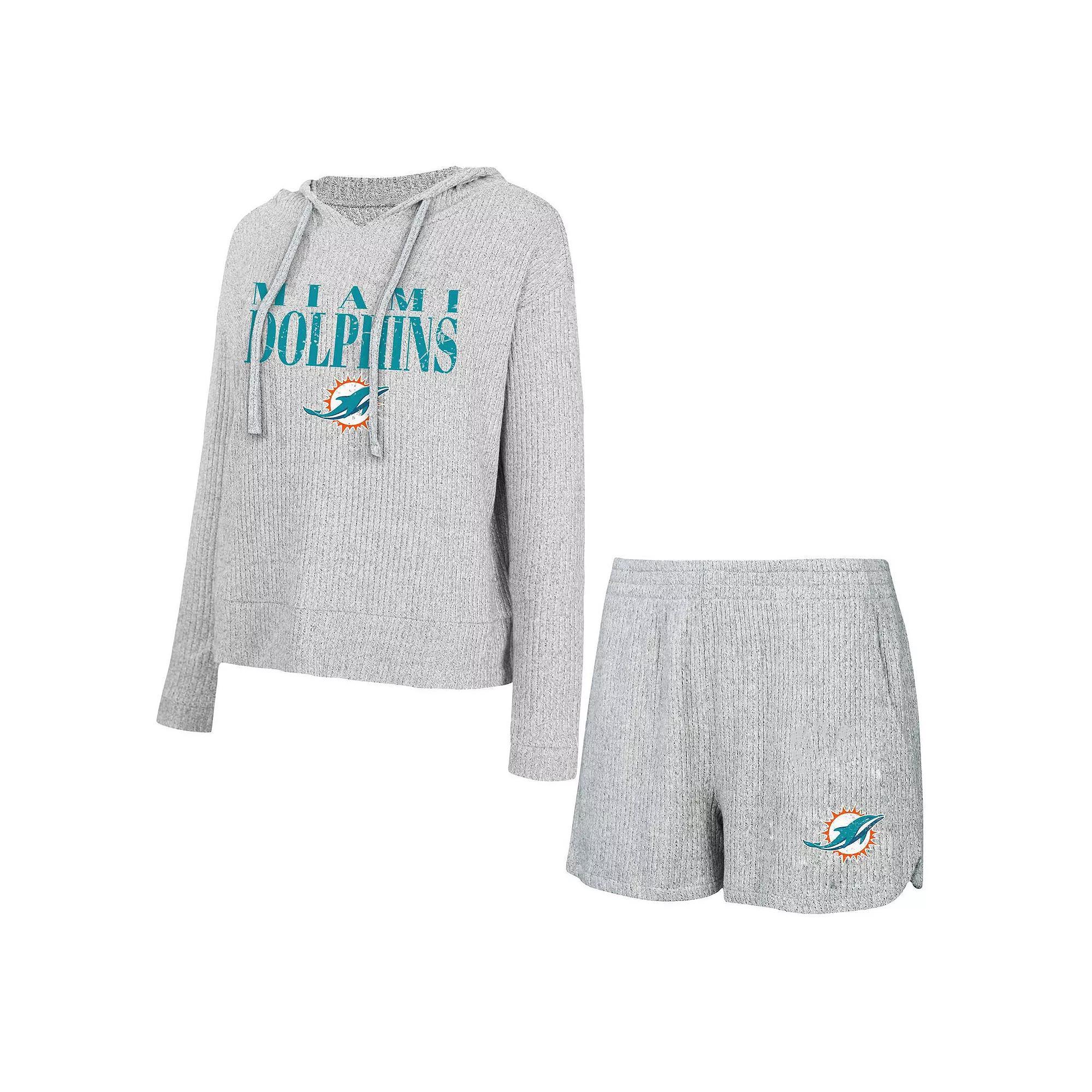 Women's Concepts Sport Gray Miami Dolphins Juniper Long Sleeve Hoodie T-Shirt & Shorts Set,  Product Image