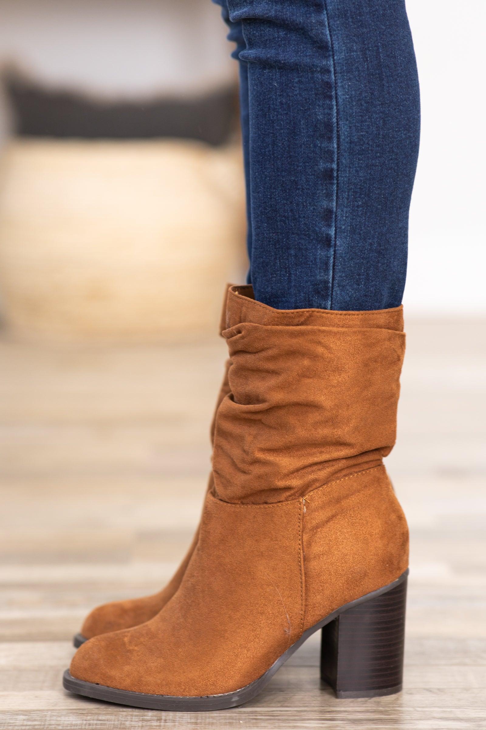 Dark Camel Faux Suede Slouchy Mid Calf Boots Product Image