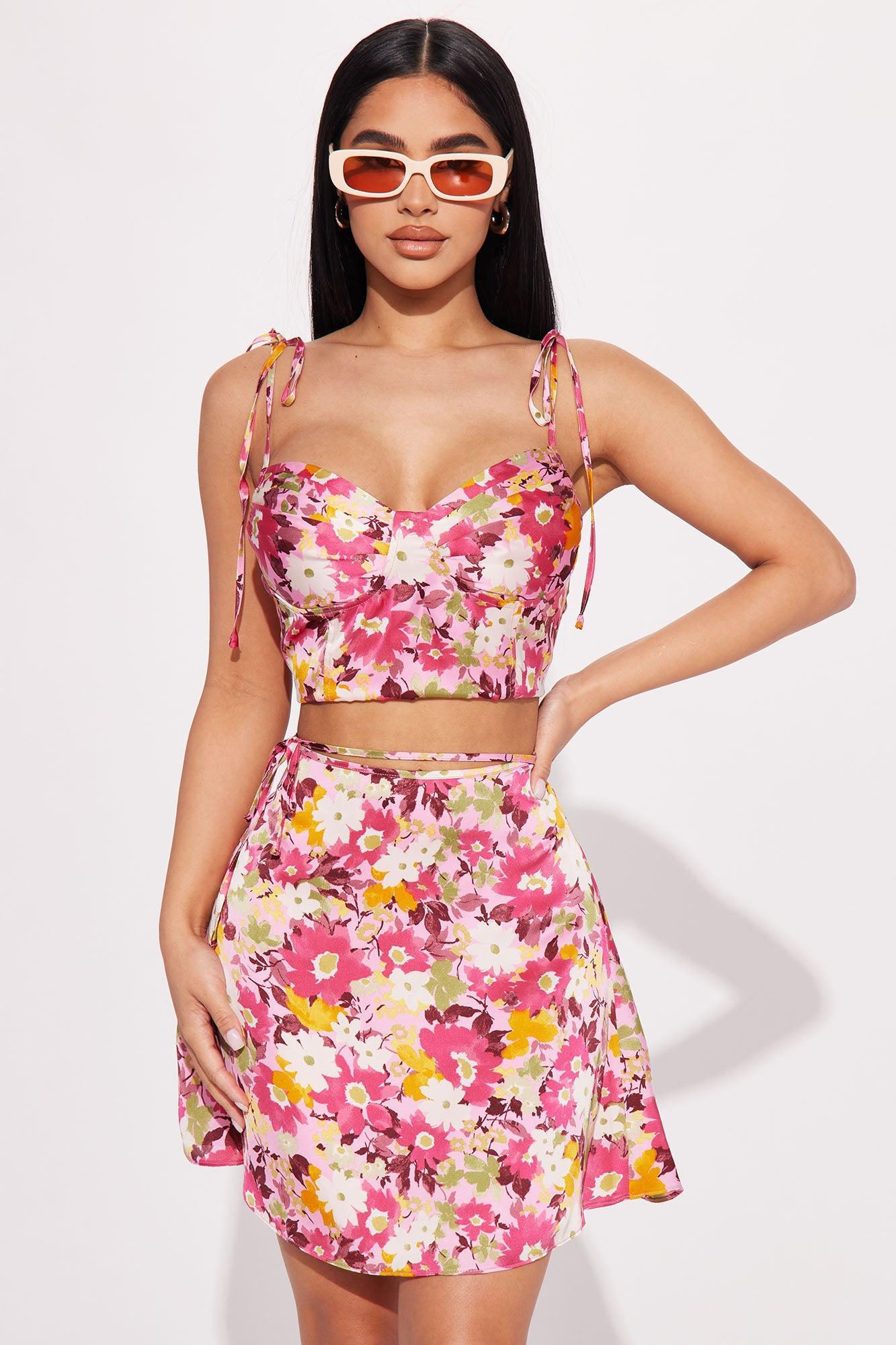 Gina Floral Satin Skirt Set - Pink/combo Product Image